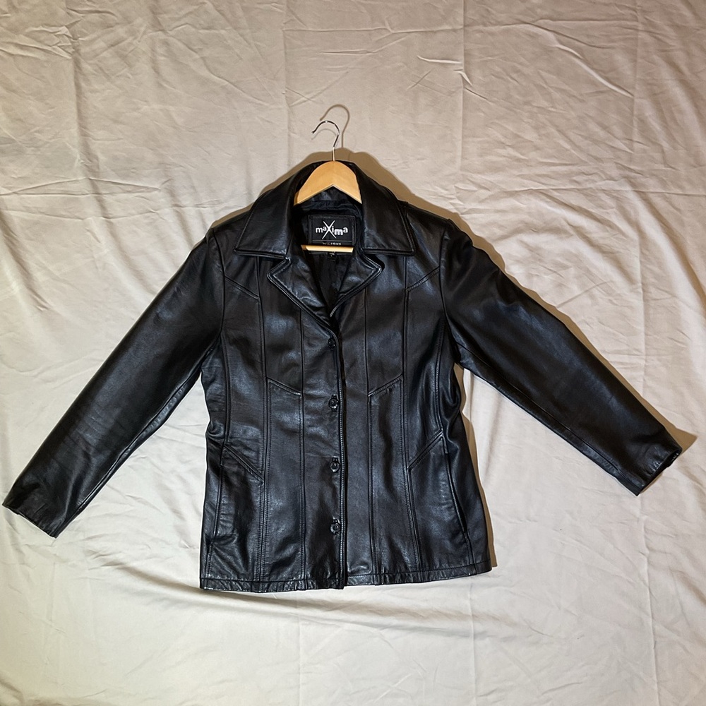 Maxima Black Vintage Leather Jacket With Lining for Women Size Large